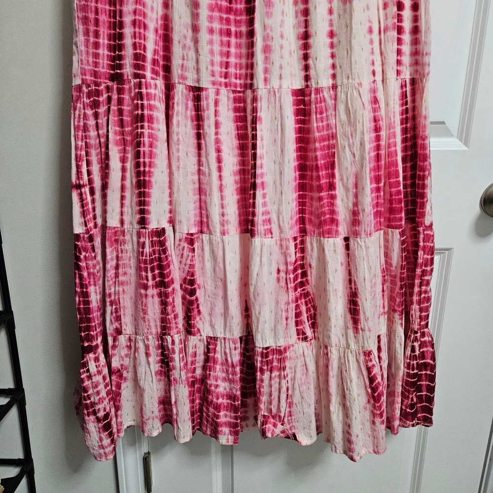 THML Anjuna Tie Dye Maxi Dress Womens Large Pink Tiered Metallic Tassel Boho - Picture 7 of 12